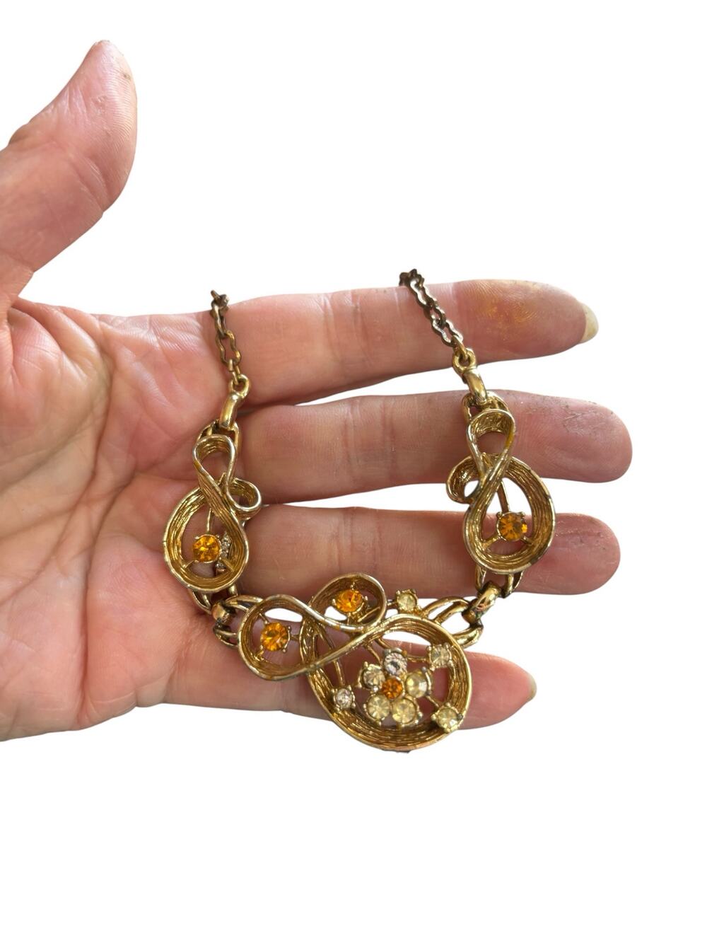 Vintage 1950s Amber Rhinestone Gold Tone Necklace – Restored & Ready